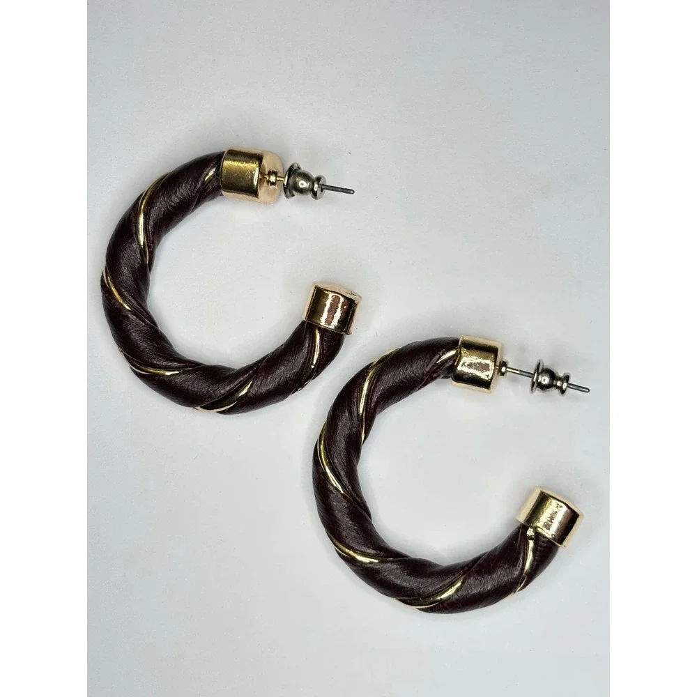 Vintage Dark Brown Faux Leather Gold Tone Twisted Hoop Earrings Post Back